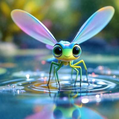 The primary subject of the image is a colorful, rainbow-colored dragonfly with green and blue wings. It is standing in a body of water, possibly a pond or a lake, with a vibrant and lively atmosphere. The visual style of the image is a digital art or illustration, showcasing the dragonfly's unique and eye-catching appearance. The colors and mood of the image are bright, cheerful, and inviting, creating a sense of wonder and fascination.